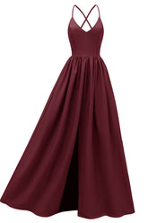 Vestido de noche sencillo color burdeos con corte en A y espalda descubierta